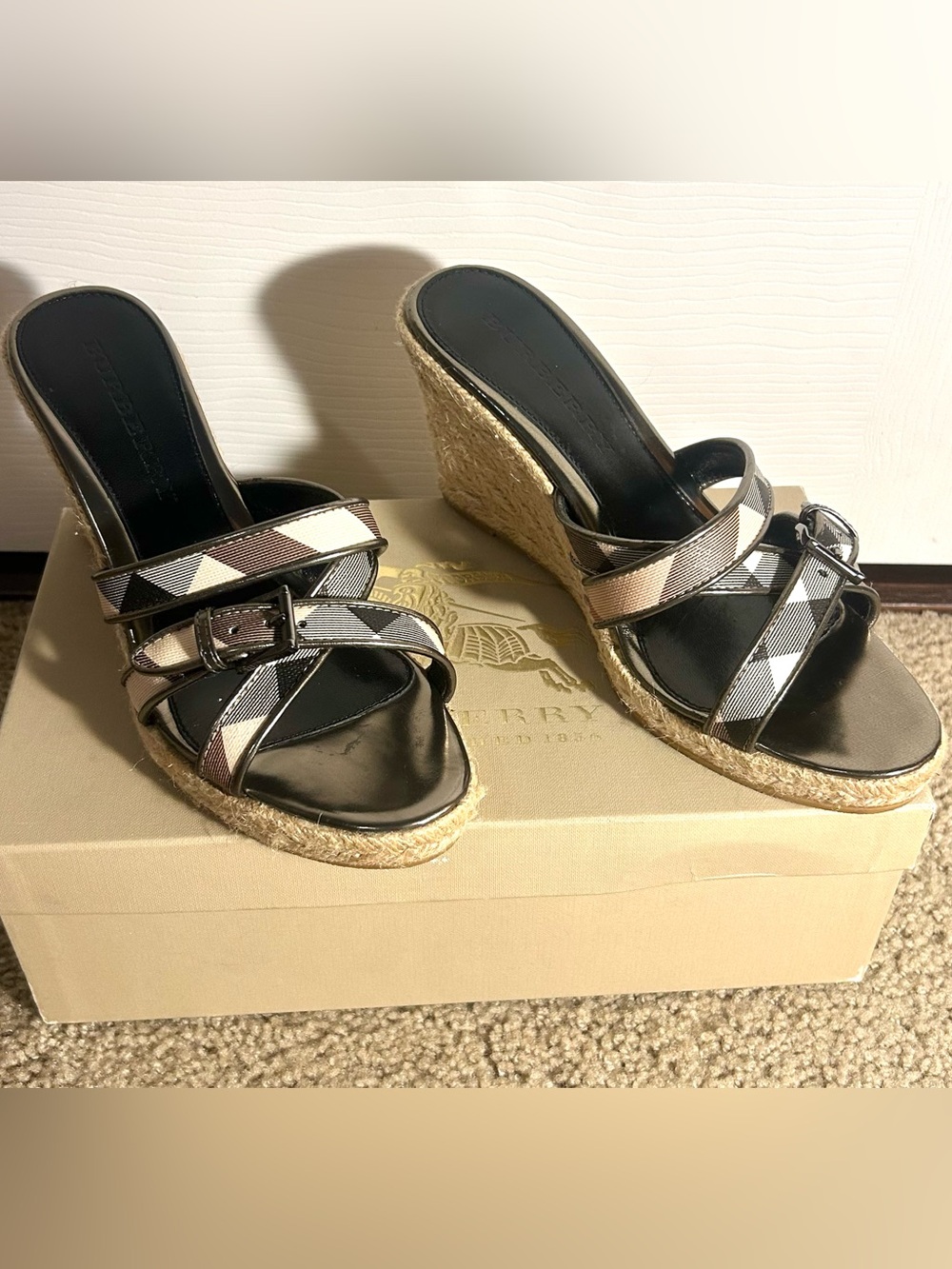 Burberry Black and Beige Plaid Espadrille Wedge Sandals